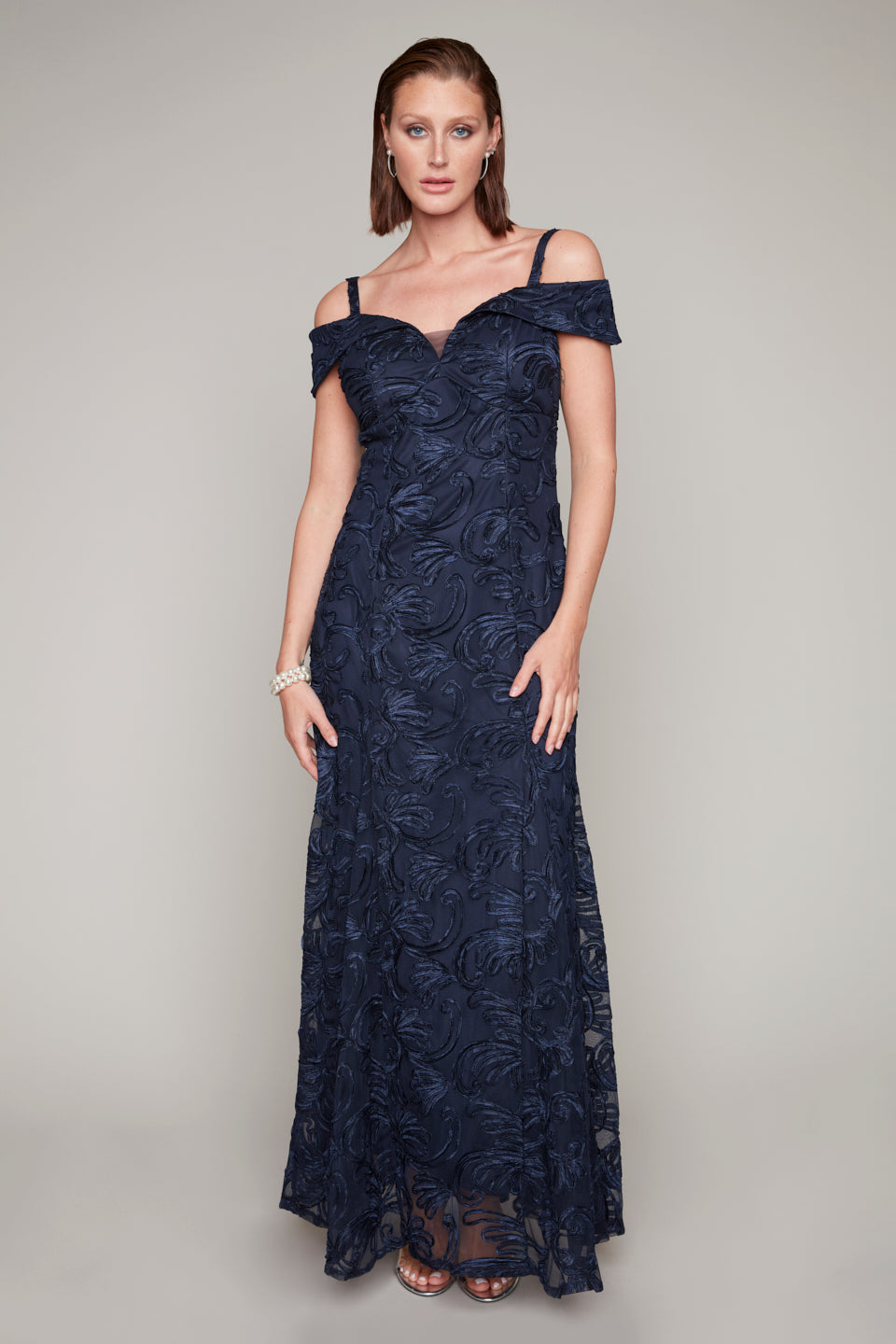 Compli K Noir soutache off-the-shoulder gown