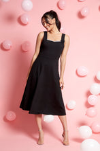 Load image into Gallery viewer, Compli K Noir sleeveless dress with rhinestone trim &amp; flower brooch
