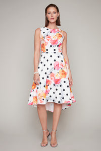 Compli K Noir sleeveless floral & dot printed dress with asymmetrical hemline